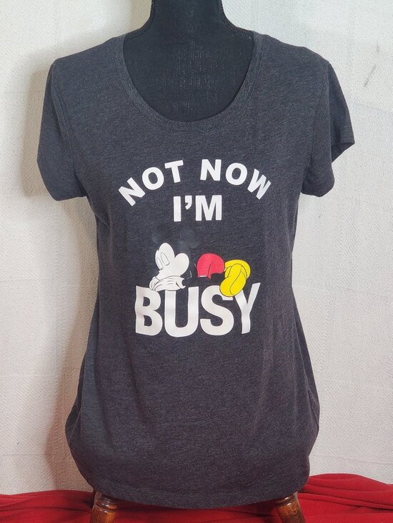 Disney Tops - Disney Grey Black Mickey Mouse Graphic Not Now I'm Busy SS Cotton Poly Tee Sz XL